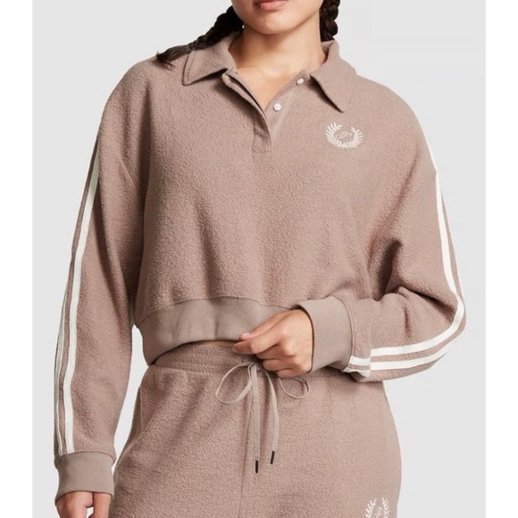 PINK by Victoria's Secret Reverse Fleece Cropped Polo Sweatshirt Rose - Picture 1 of 13